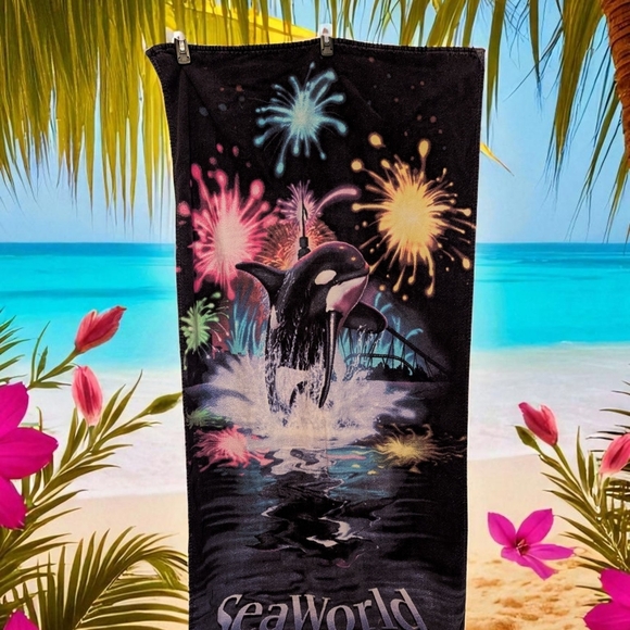 Seaworld Other - SeaWorld Black Beach Towel with Orca and Fireworks (EUC)